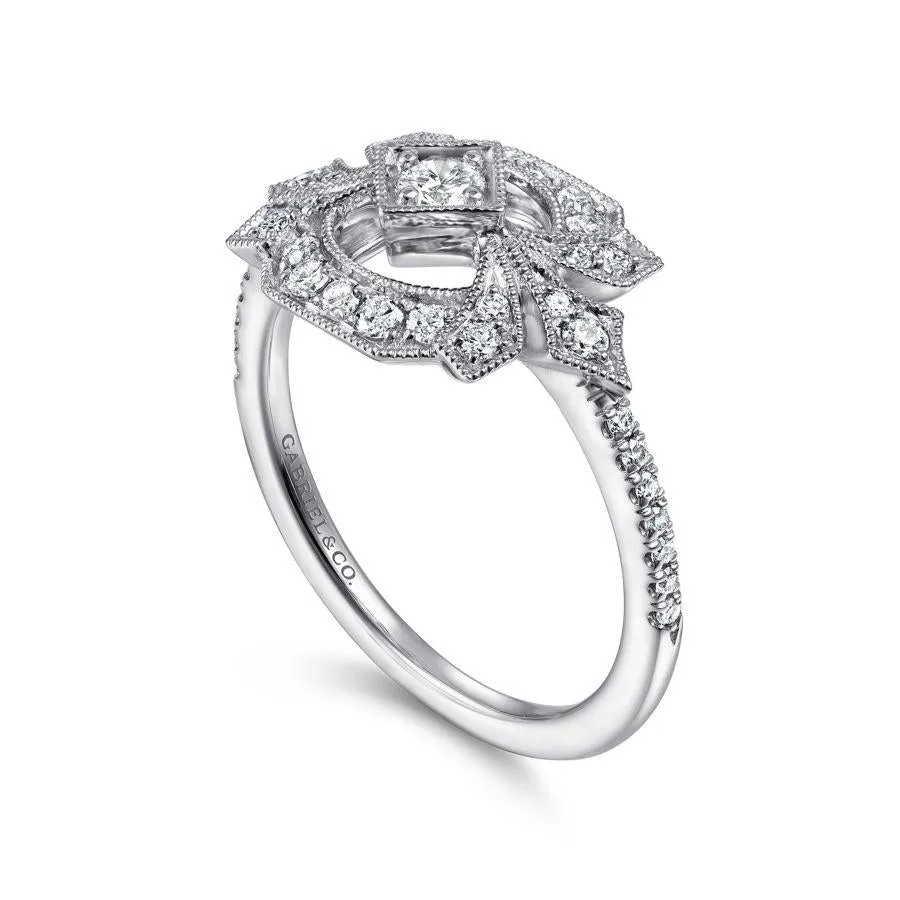 14K White Gold Art Deco Floral Diamond Ring