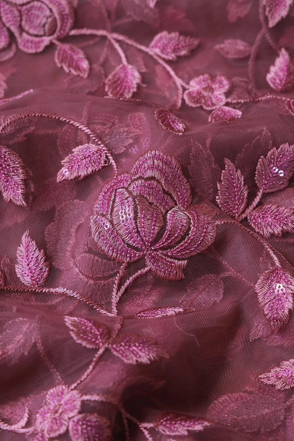 3.25 Meter Cut Piece Of Mauve Thread With Sequins Floral Embroidery On Mauve  Soft Net Fabric