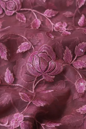 3.25 Meter Cut Piece Of Mauve Thread With Sequins Floral Embroidery On Mauve  Soft Net Fabric