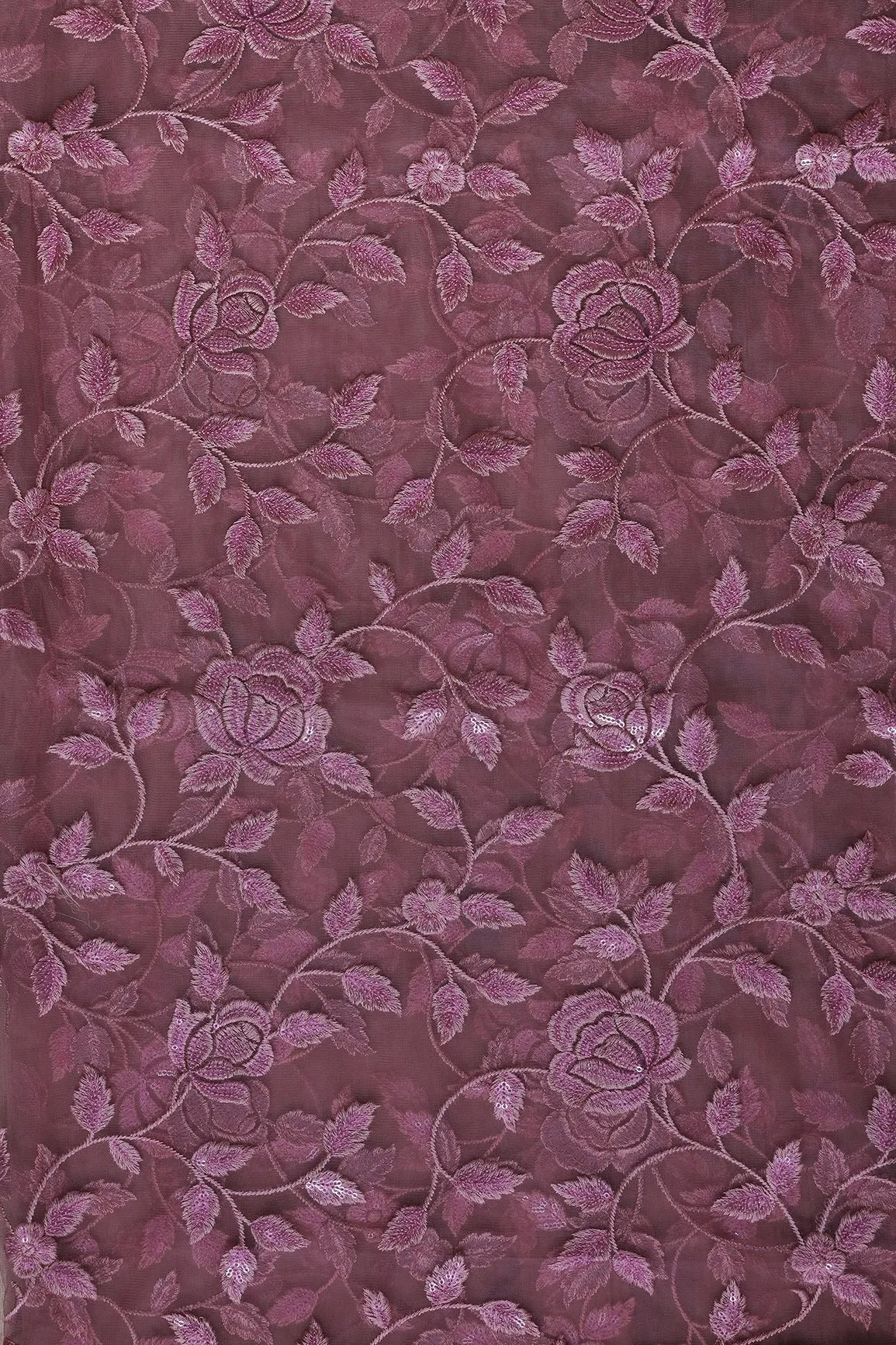 3.25 Meter Cut Piece Of Mauve Thread With Sequins Floral Embroidery On Mauve  Soft Net Fabric