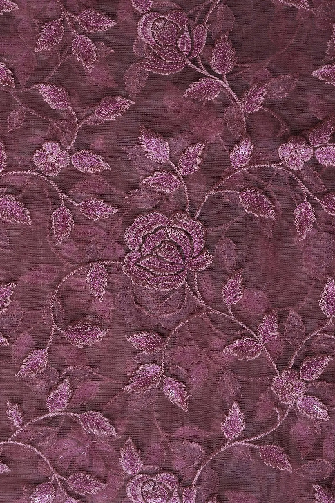 3.25 Meter Cut Piece Of Mauve Thread With Sequins Floral Embroidery On Mauve  Soft Net Fabric