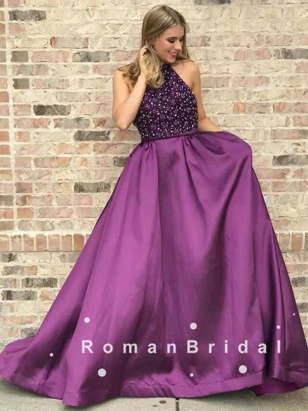 A-Line Halter Purple Satin Long Prom Dresses With Beading,RBPD0101