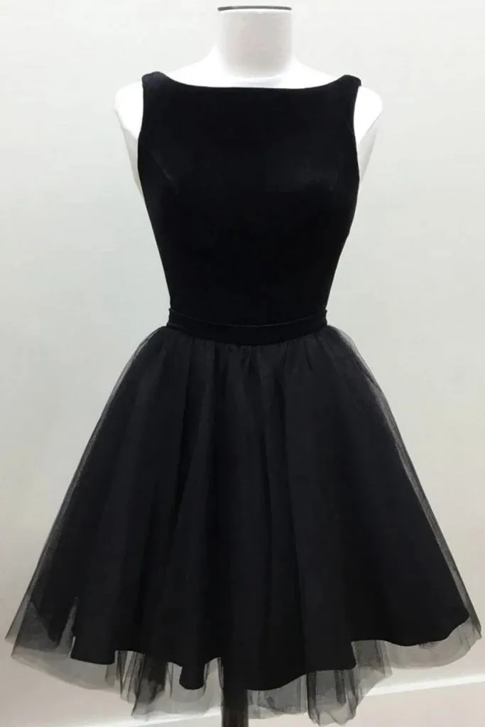 A-line Jewel Prom Dress Short Black Tulle Homecoming Dresses OM537