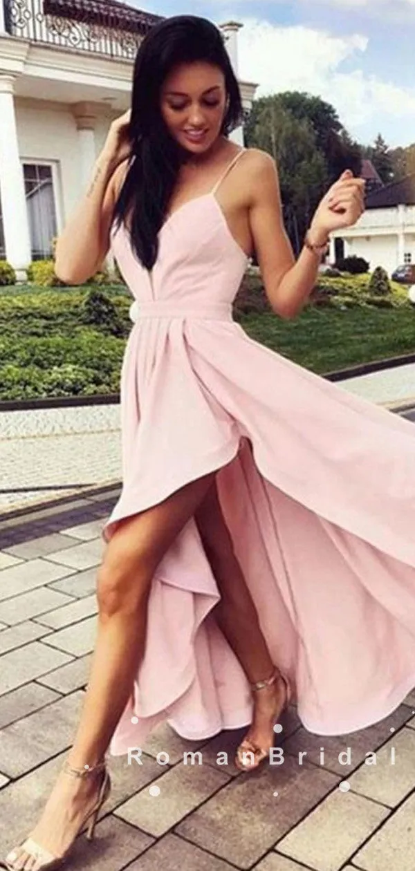 A-Line V-Neck Spaghetti Straps Asymmetrical Pink Long Prom Dresses,RBPD0035