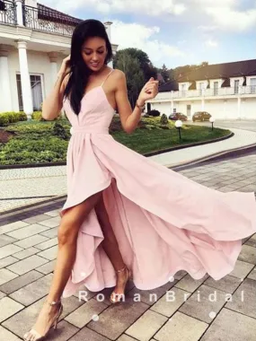 A-Line V-Neck Spaghetti Straps Asymmetrical Pink Long Prom Dresses,RBPD0035