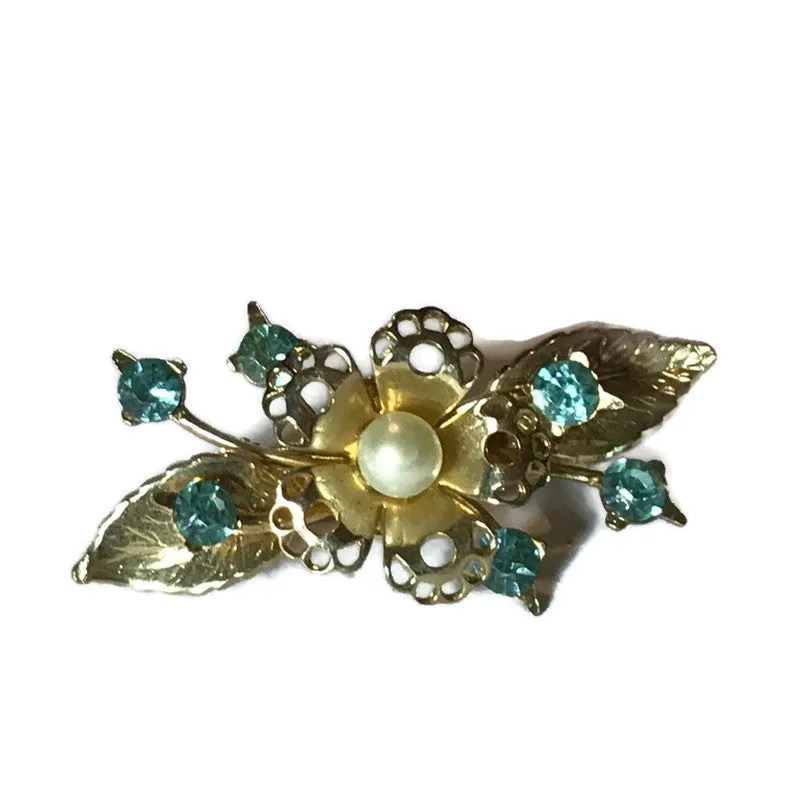 Aqua Rhinestone Floral Brooch circa 1960s