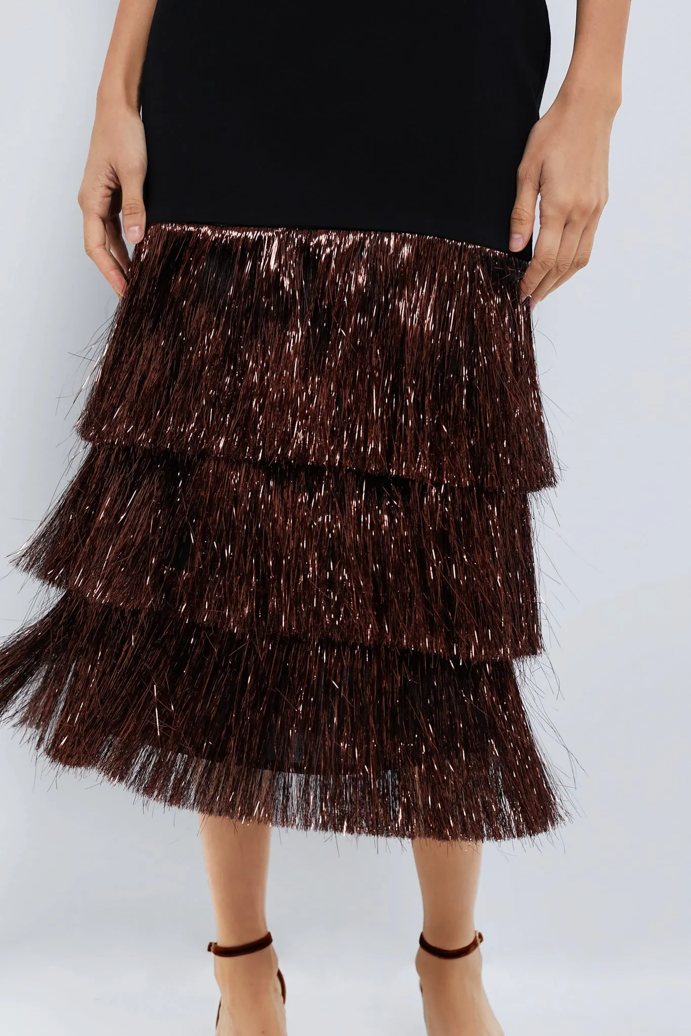 Black & Bronze Metallic Fringe Francie Short Sleeve Maxi Dress