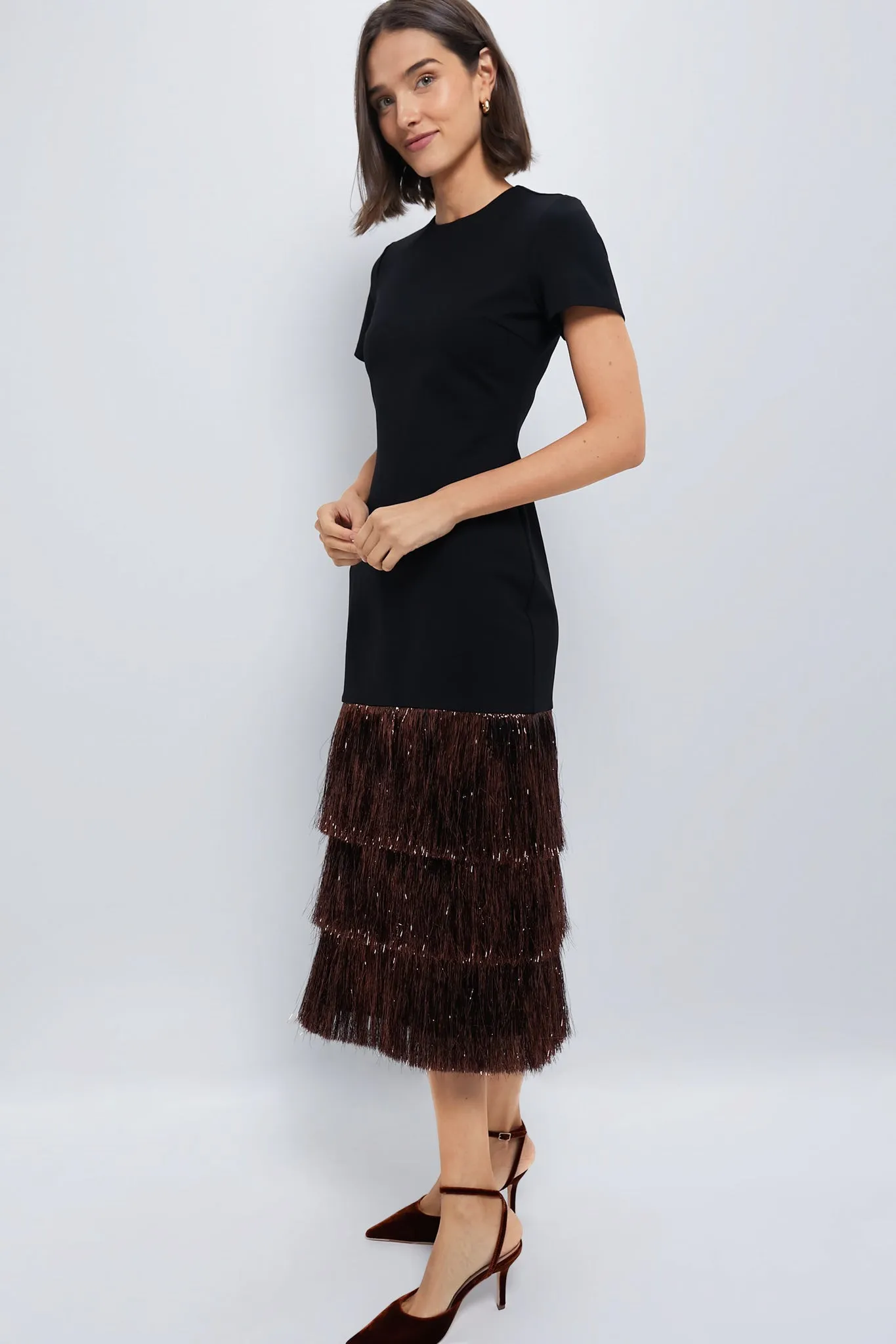 Black & Bronze Metallic Fringe Francie Short Sleeve Maxi Dress