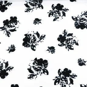 Black Floral on White Printed Crepe Fabric