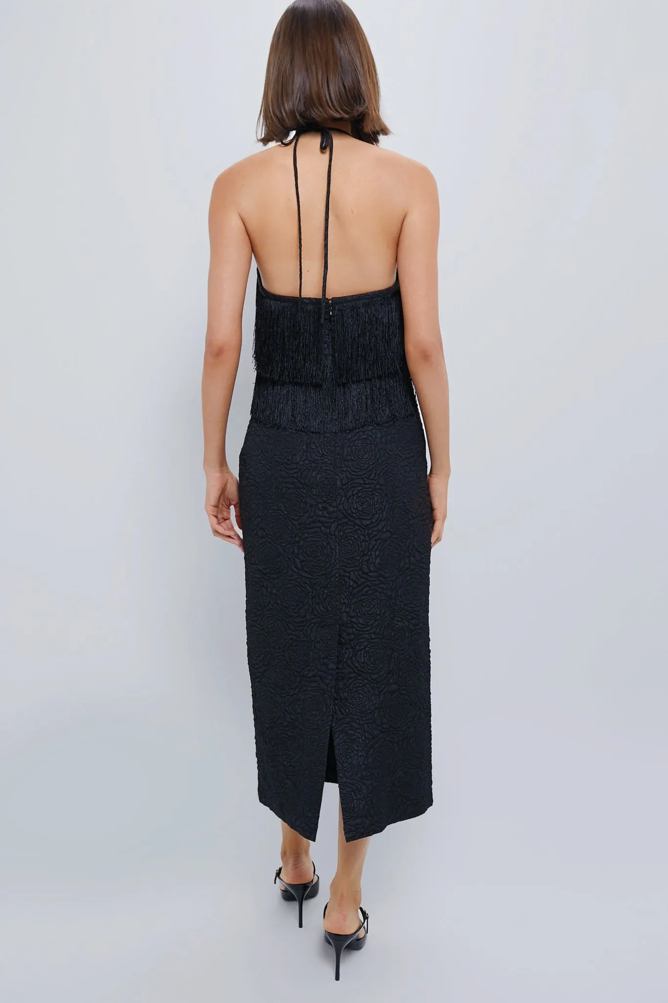 Black Fringe Halter Neck Natalia Maxi Dress