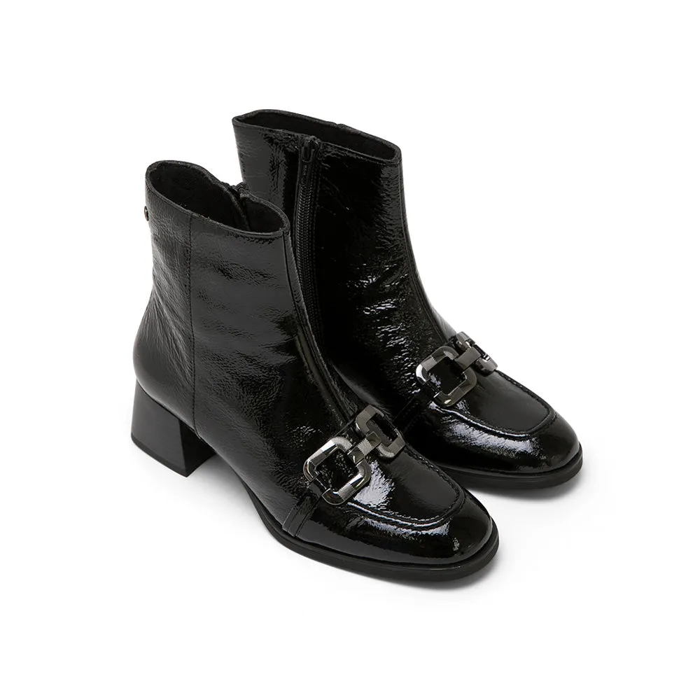 Black Patent Leather Mid-Heel Boots with Horsebit