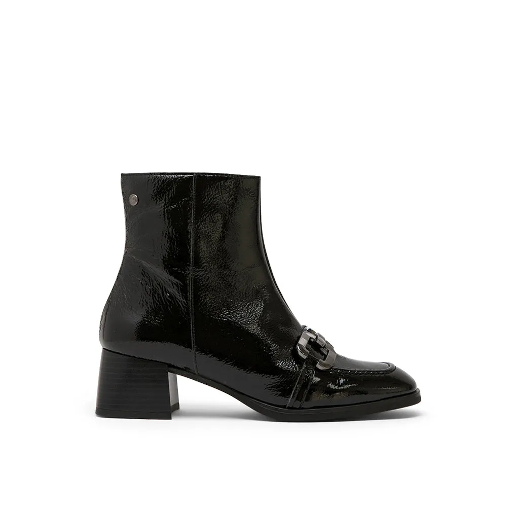 Black Patent Leather Mid-Heel Boots with Horsebit