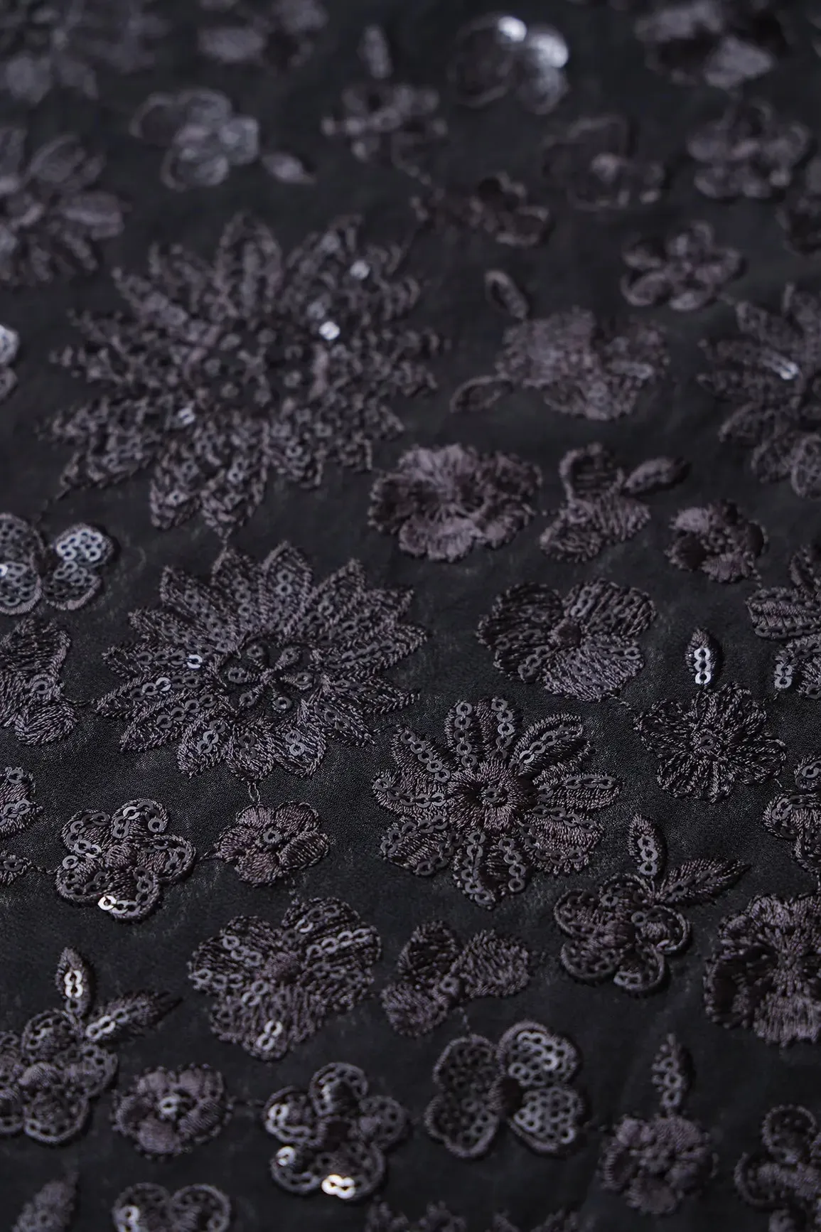 Black Thread With Black Sequins Floral Embroidery Work On Black Viscose Georgette Fabric