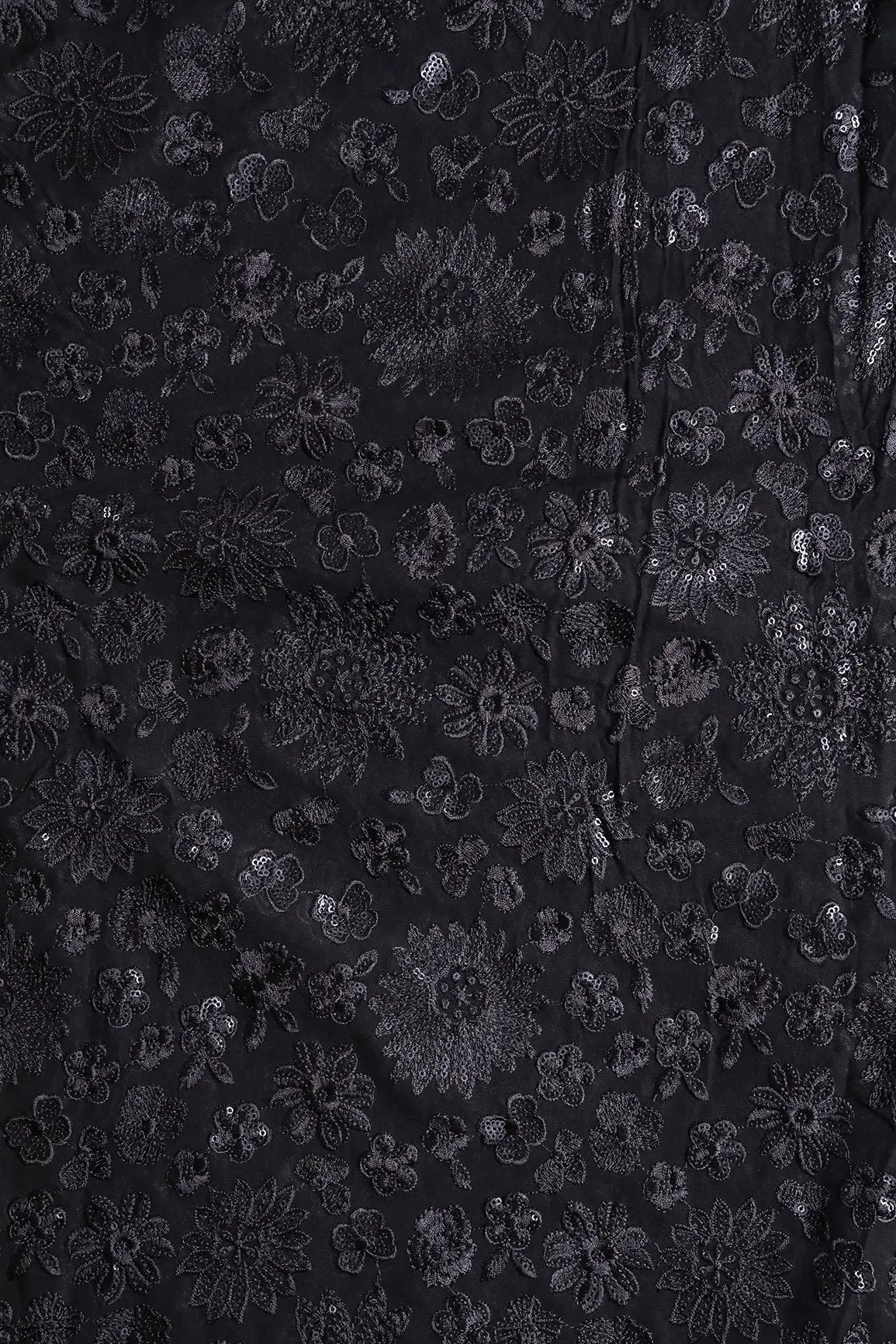 Black Thread With Black Sequins Floral Embroidery Work On Black Viscose Georgette Fabric