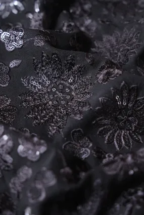 Black Thread With Black Sequins Floral Embroidery Work On Black Viscose Georgette Fabric