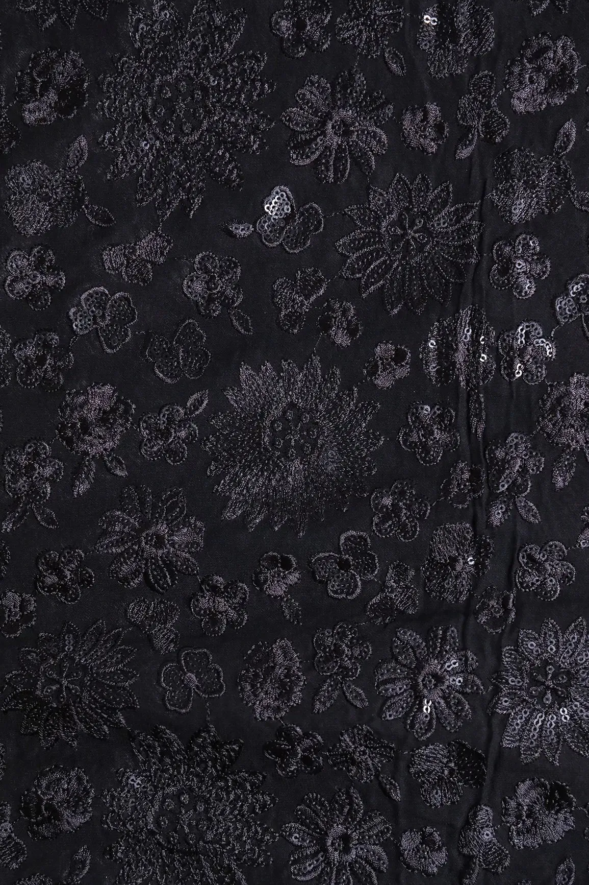 Black Thread With Black Sequins Floral Embroidery Work On Black Viscose Georgette Fabric