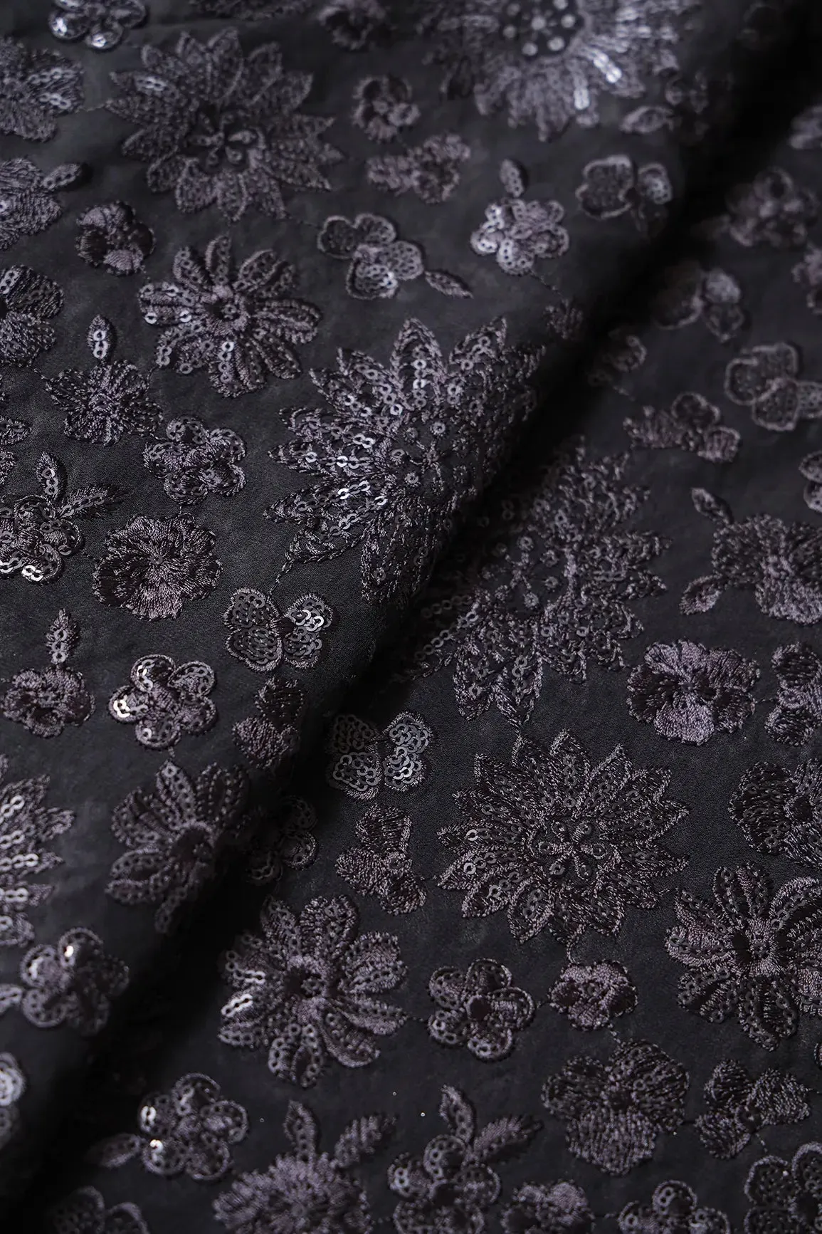 Black Thread With Black Sequins Floral Embroidery Work On Black Viscose Georgette Fabric