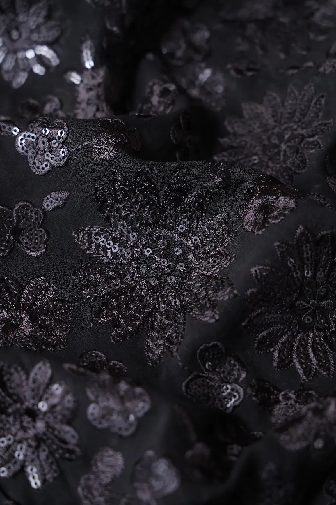 Black Thread With Black Sequins Floral Embroidery Work On Black Viscose Georgette Fabric