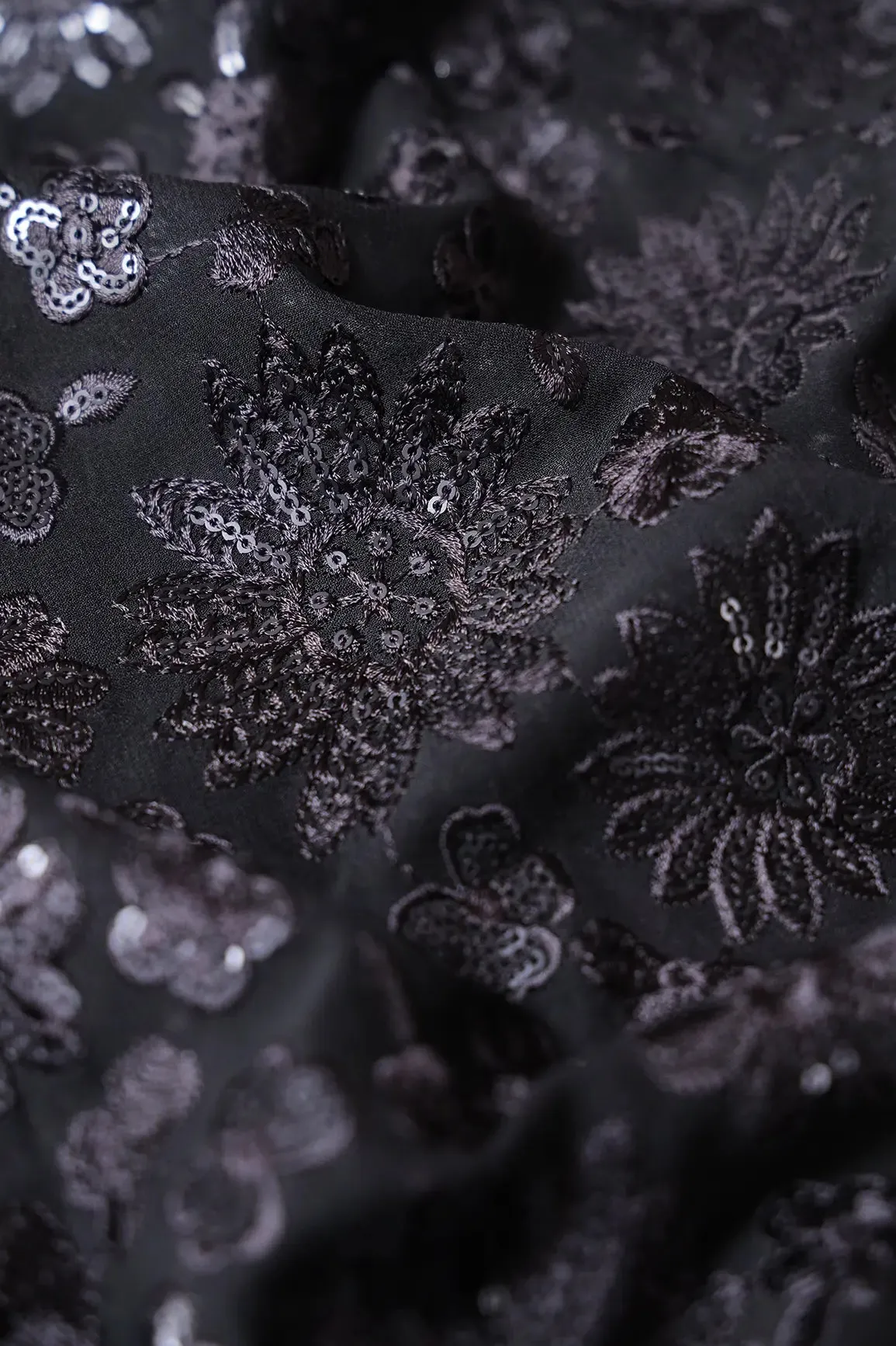 Black Thread With Black Sequins Floral Embroidery Work On Black Viscose Georgette Fabric