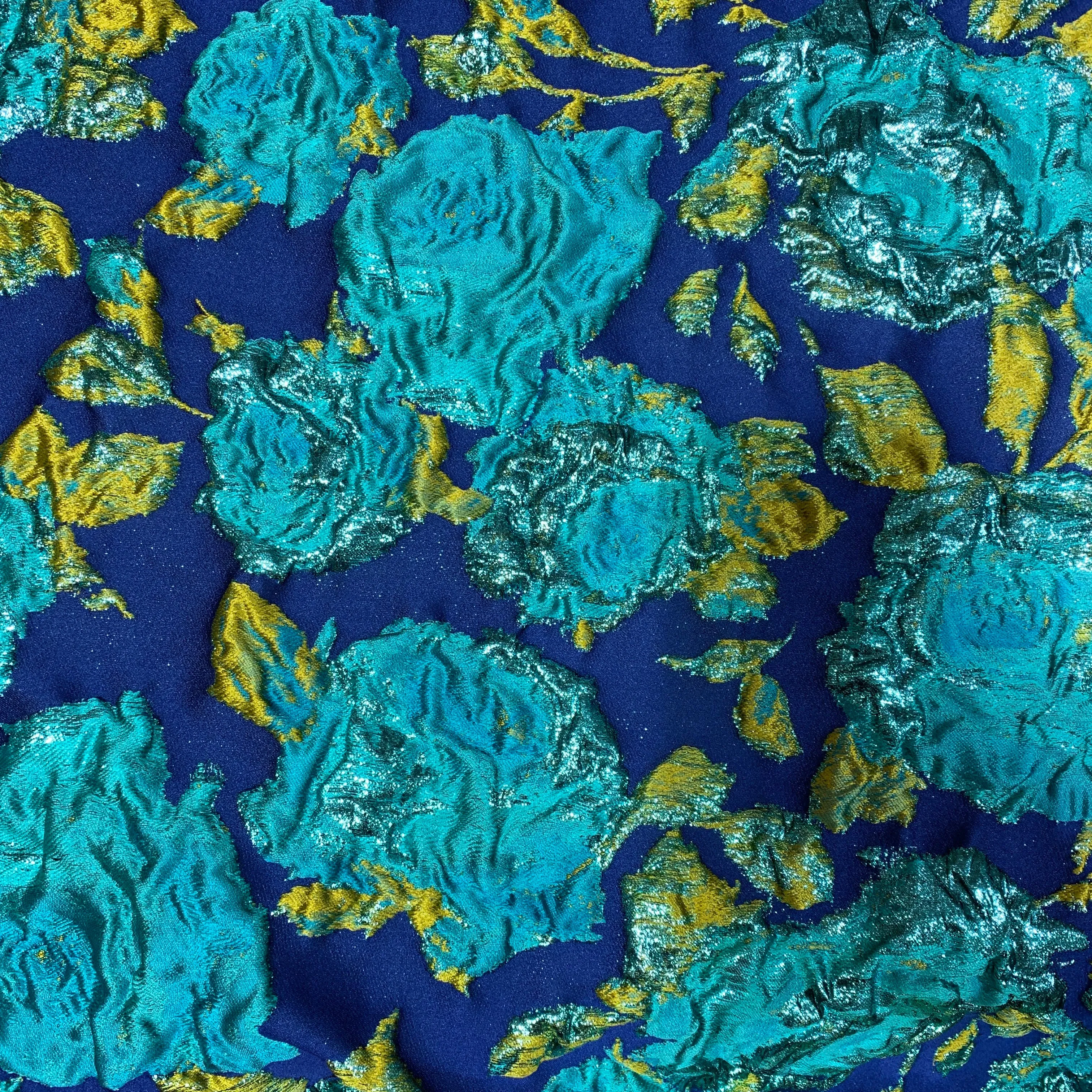 Blue and Gold Floral Textured Brocade Fabric