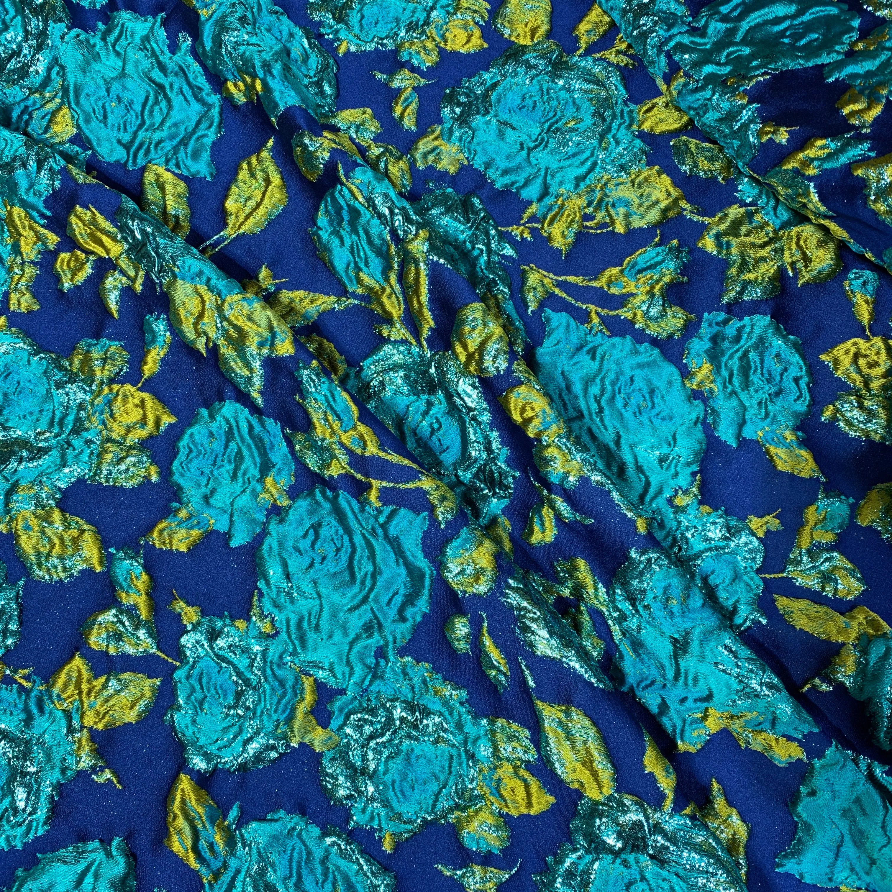 Blue and Gold Floral Textured Brocade Fabric