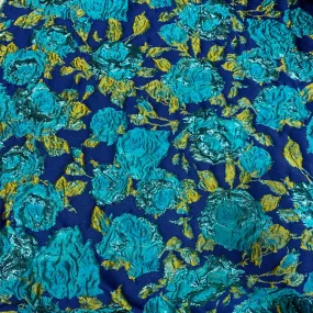 Blue and Gold Floral Textured Brocade Fabric