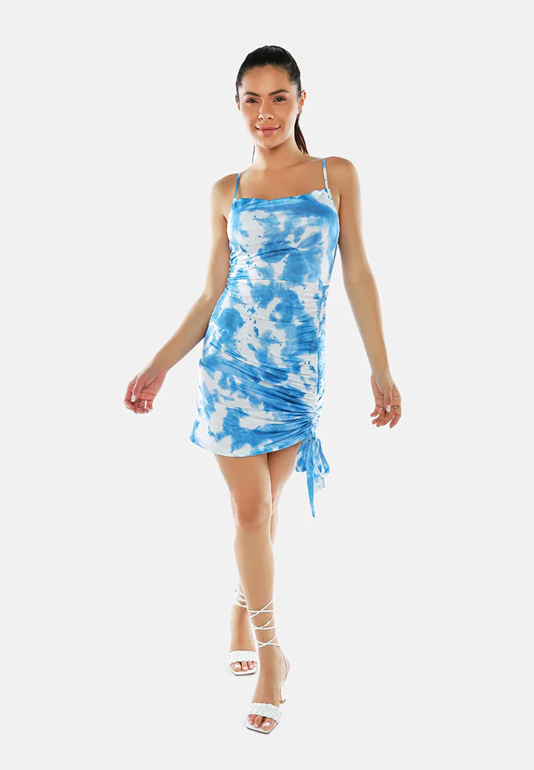 Blue Tie Dye Bodycon Ruched Slip Dress