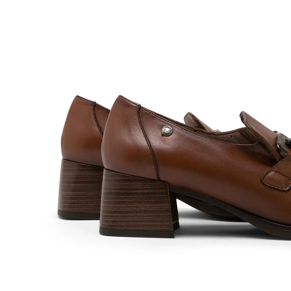 Brown Leather Low-Heel Loafers with Horsebit