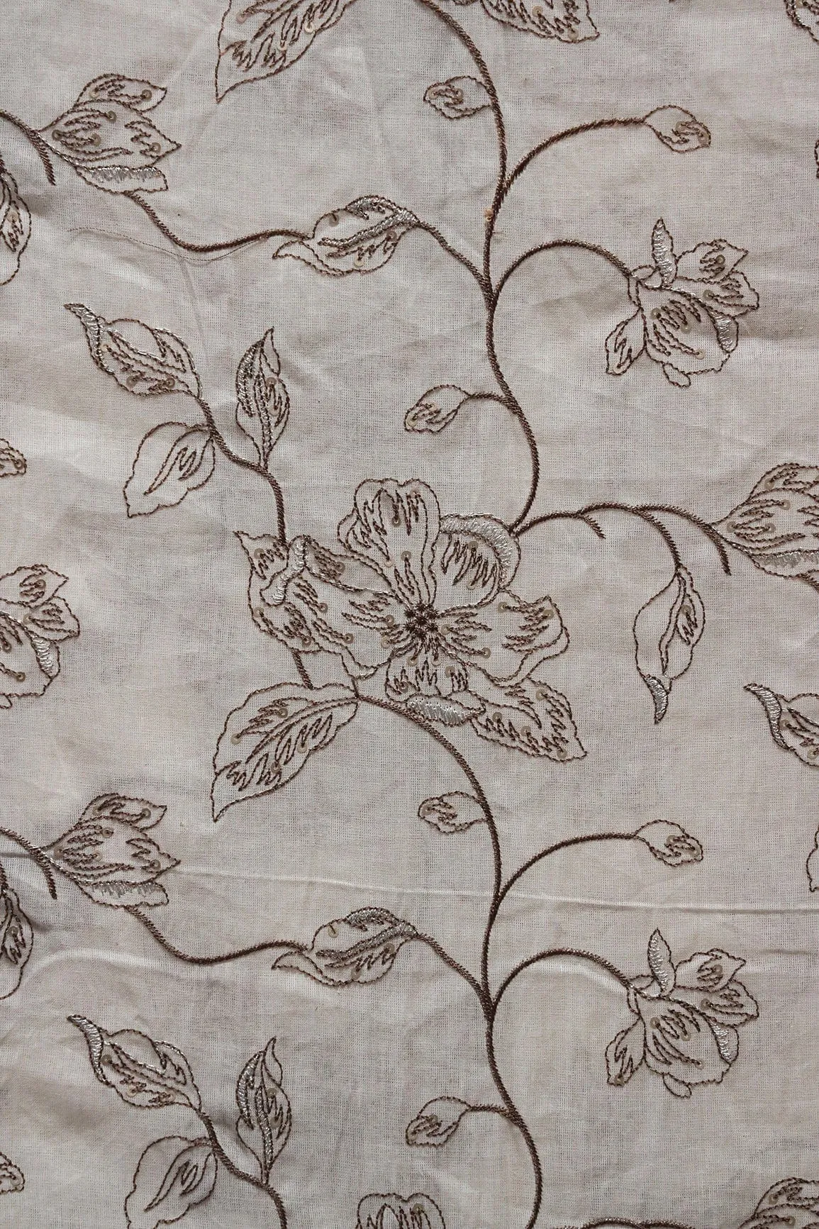 Brown Thread With Silver Sequins Floral Embroidery Work On Off White Organic Cotton Fabric