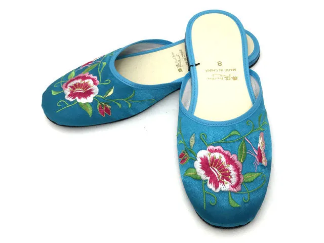 Butterfly Peony Embroidery Satin Slippers