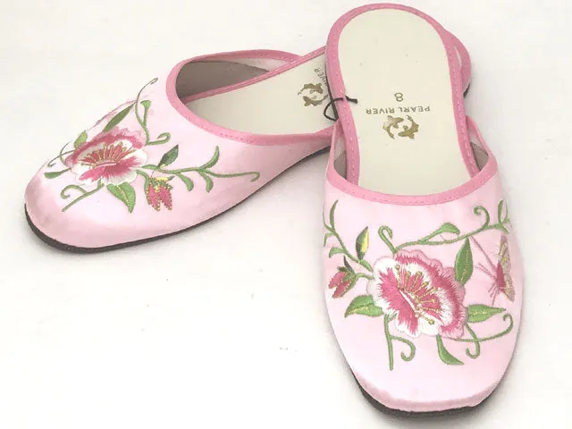 Butterfly Peony Embroidery Satin Slippers