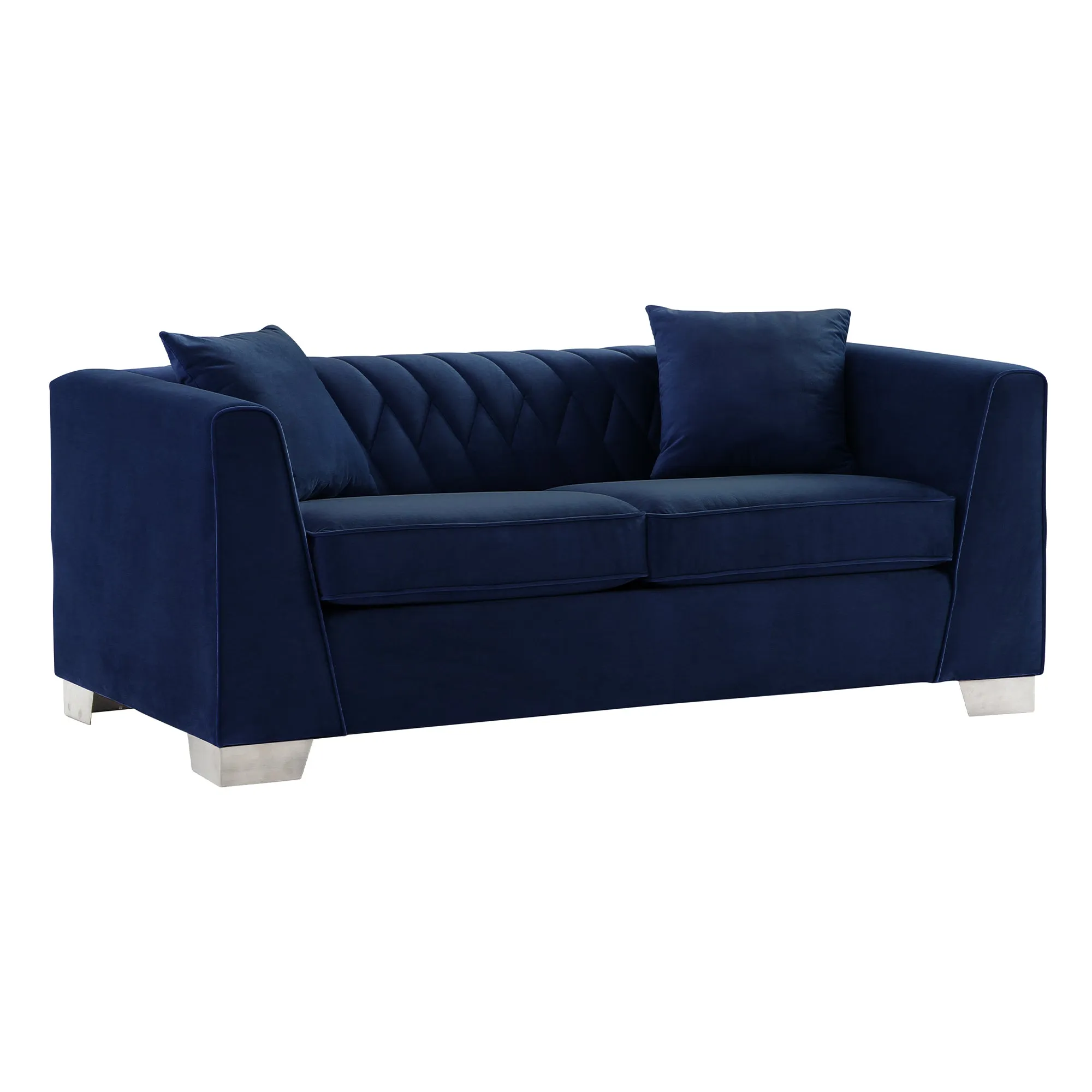 Cambridge Contemporary Loveseat in Brushed Stainless Steel and Blue Velvet