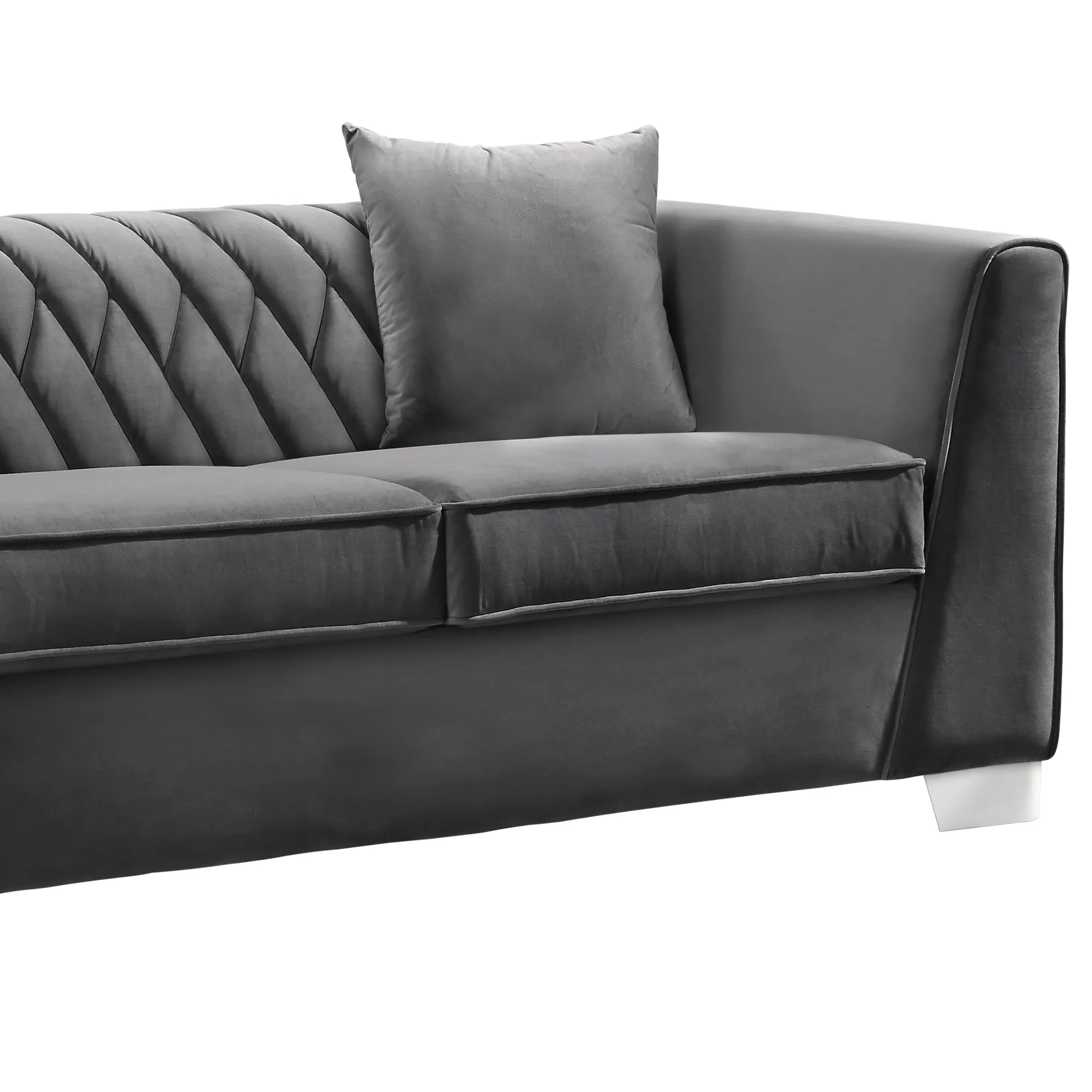 Cambridge Contemporary Loveseat in Brushed Stainless Steel and Dark Gray Velvet