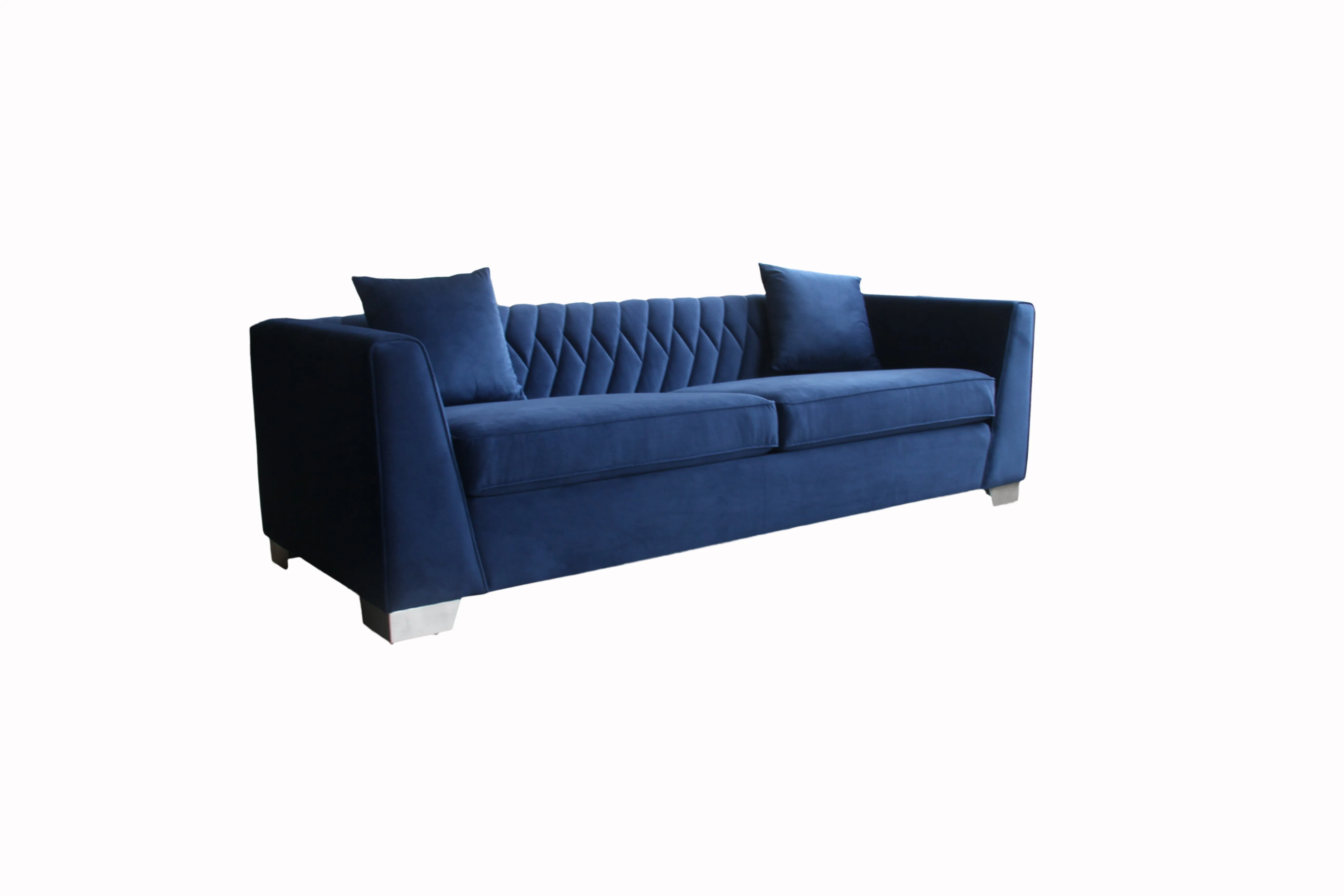 Cambridge Contemporary Sofa in Brushed Stainless Steel and Blue Velvet