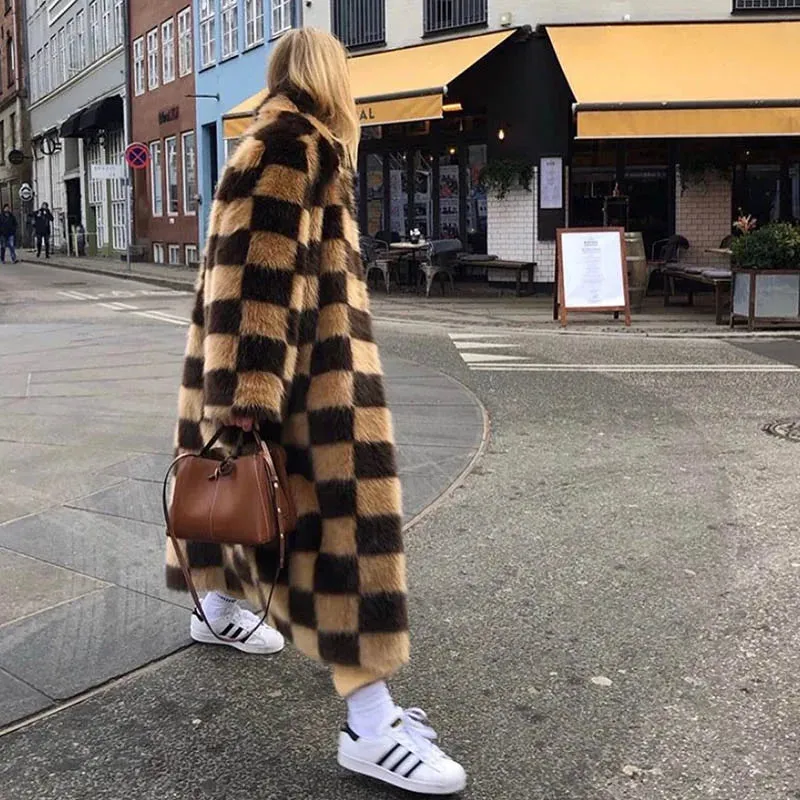 Checkerboard Plaid Faux Thick Warm Winter Plush Artificial Fake Coat