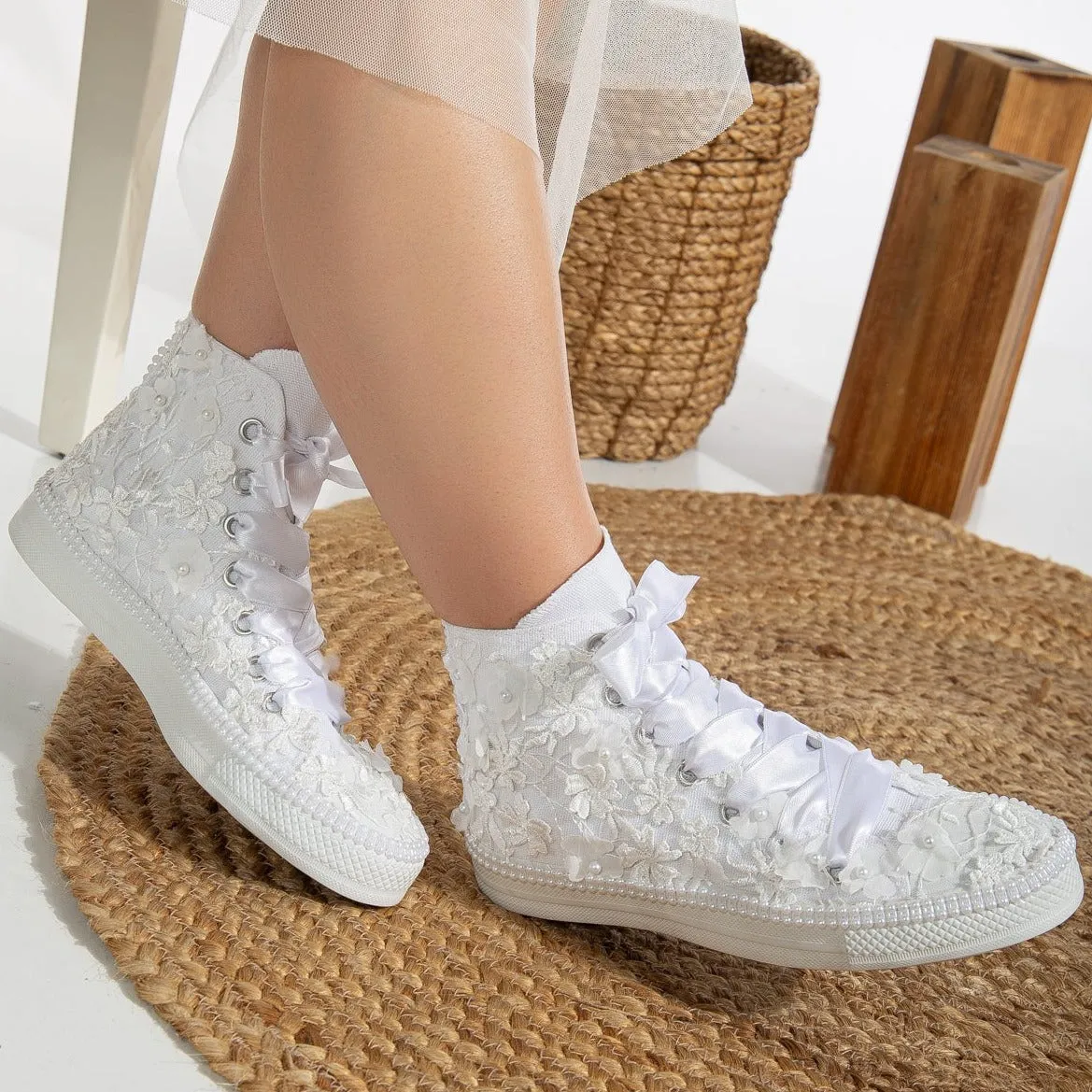 Claire - White Lace Wedding Converse with Pearls