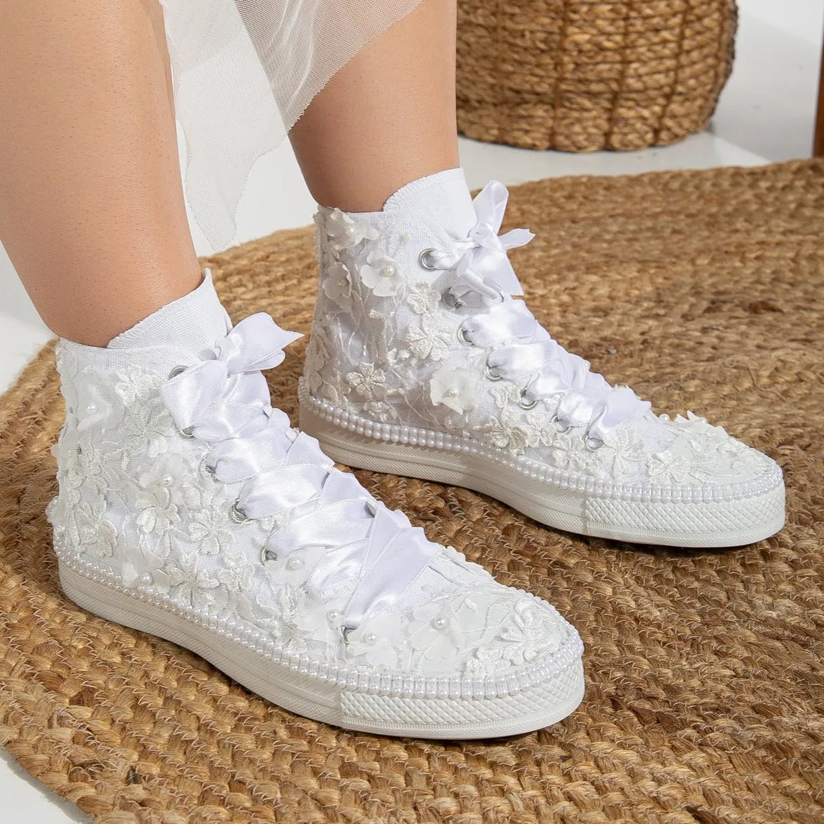 Claire - White Lace Wedding Converse with Pearls