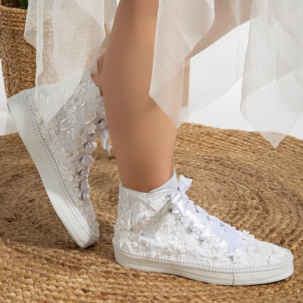 Claire - White Lace Wedding Converse with Pearls