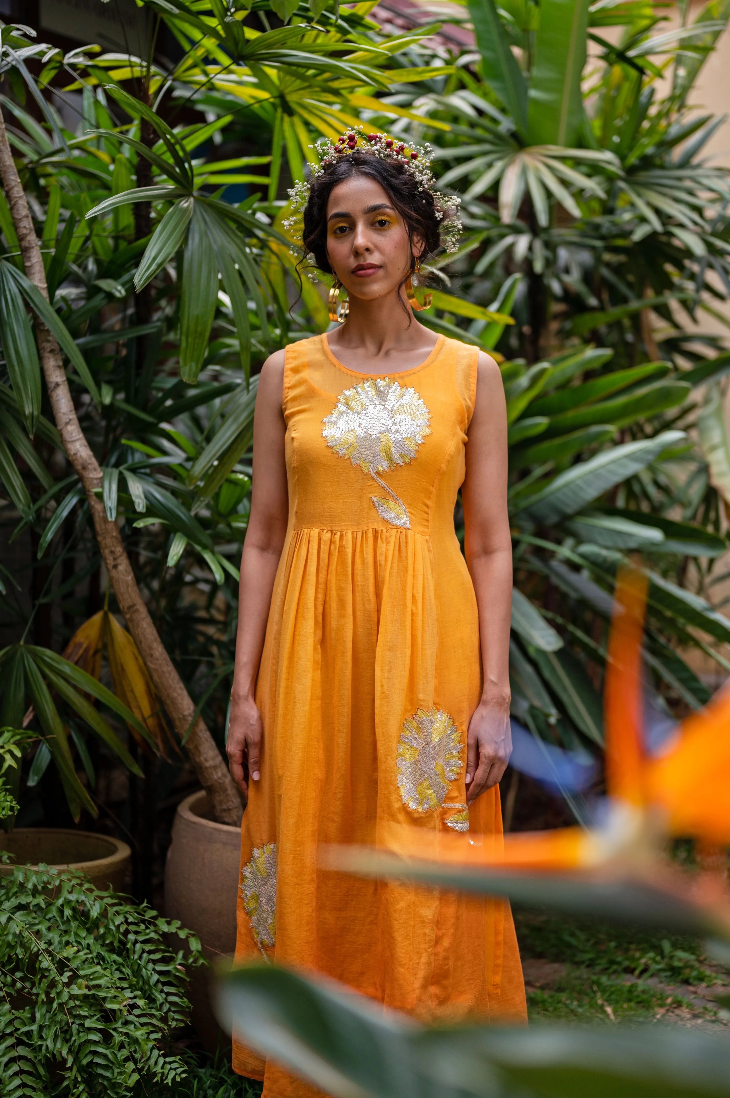 Cotton Dress with hand embroidered sequence sunflower motifs and plain slip