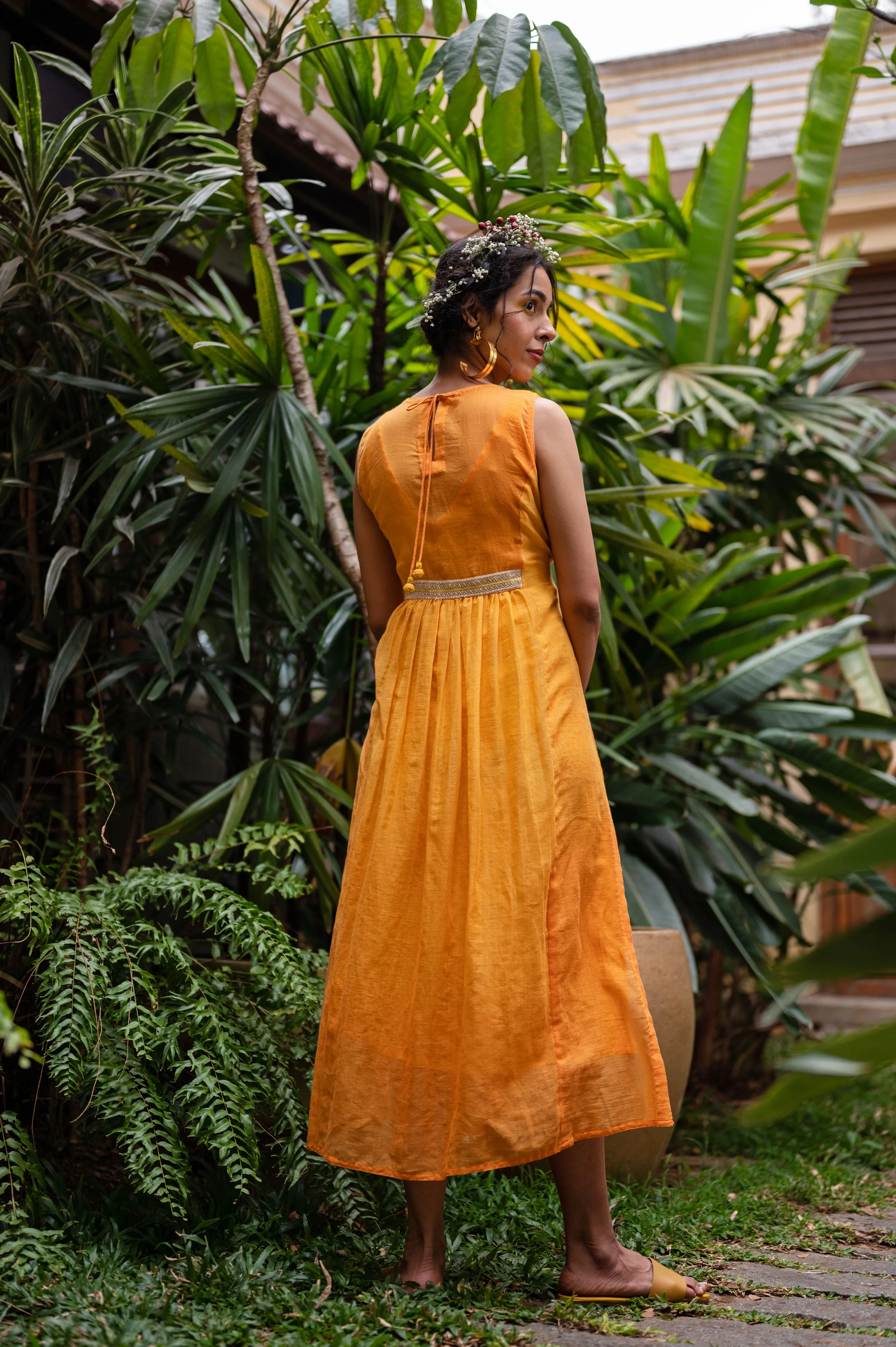 Cotton Dress with hand embroidered sequence sunflower motifs and plain slip