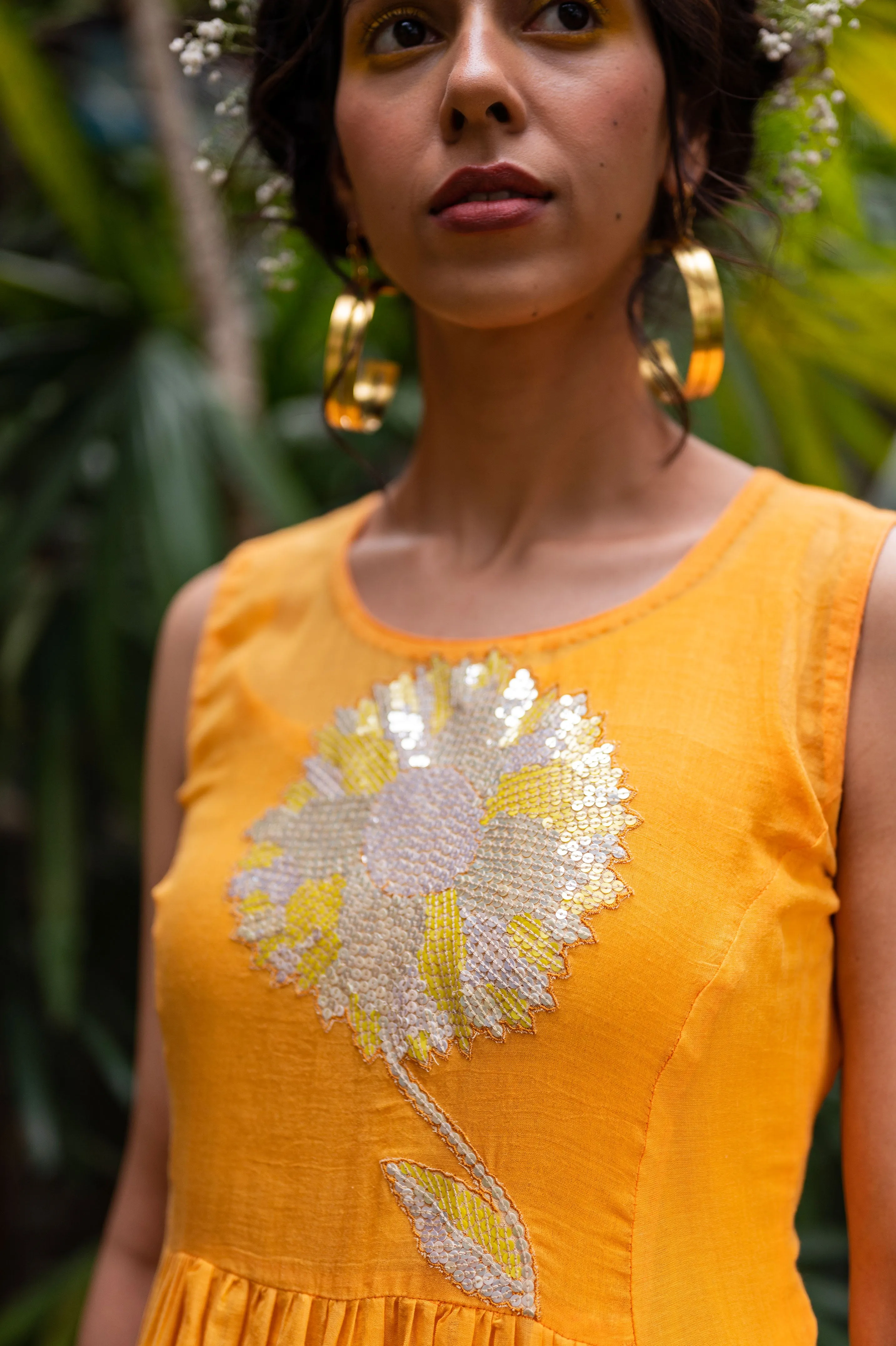 Cotton Dress with hand embroidered sequence sunflower motifs and plain slip