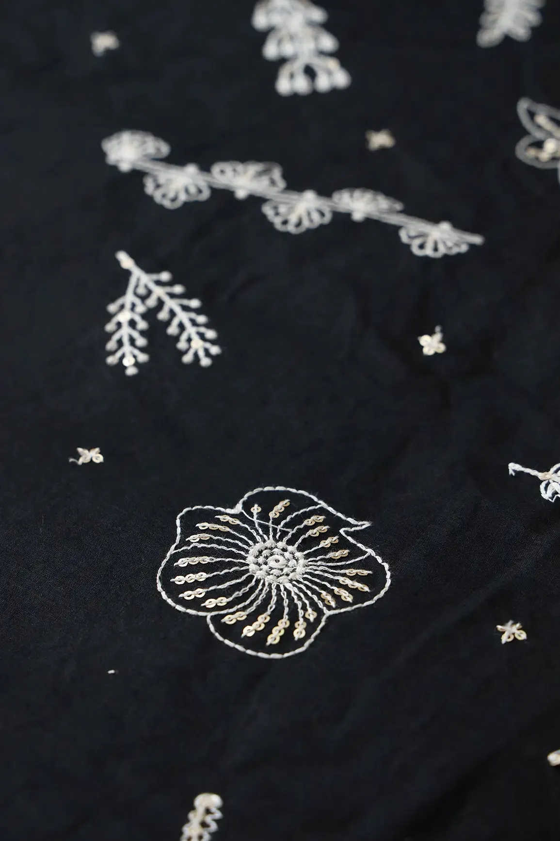 Cream Thread With Gold Sequins Floral Embroidery Work On Black Cotton Cambric Fabric