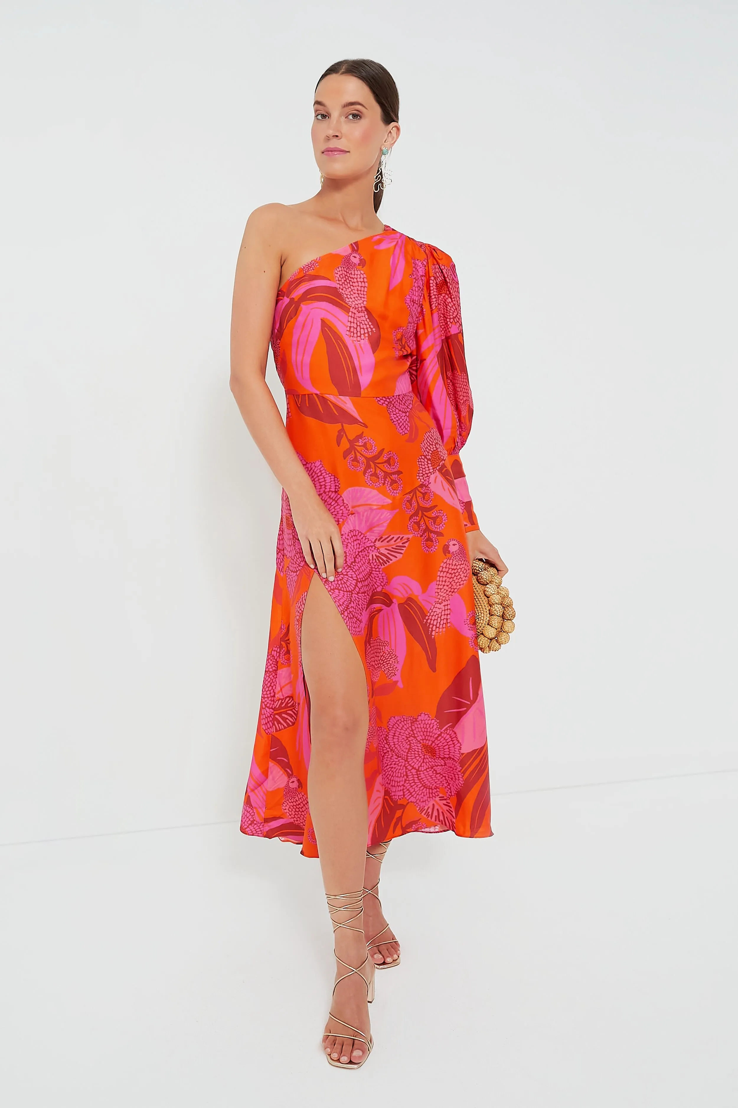 Dewdrop Floral Red One Shoulder Midi Dress