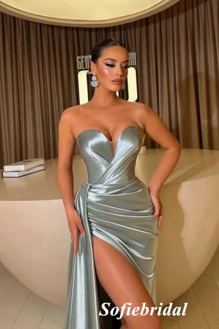 Elegant Elastic Satin Sweetheart V-Neck Sleeveless Side Slit Mermaid Long Prom Dresses, PD0908