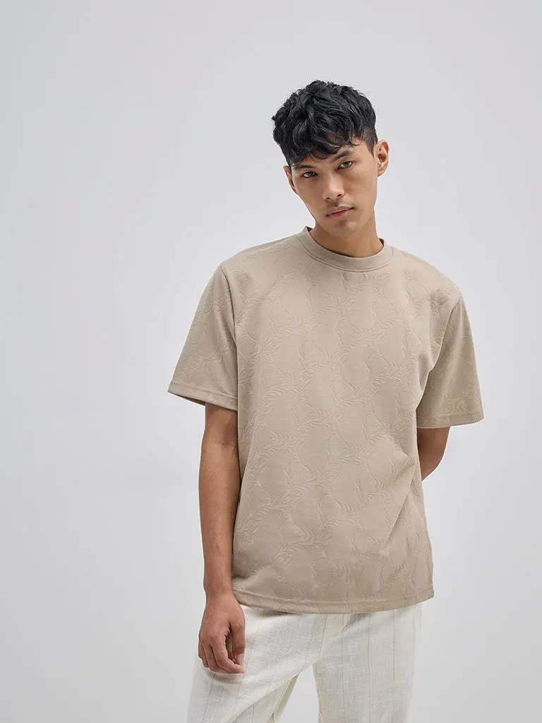 ETA Taupe Self-Patterned Relaxed-Fit Cotton T-Shirt