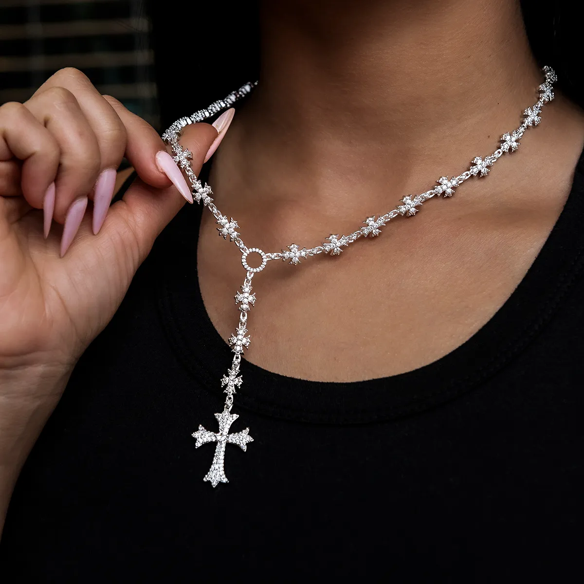 Flared Cross Rosary Necklace