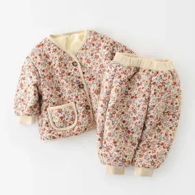 Floral Cotton V-Neck Jacket & Joggers Set for Girls