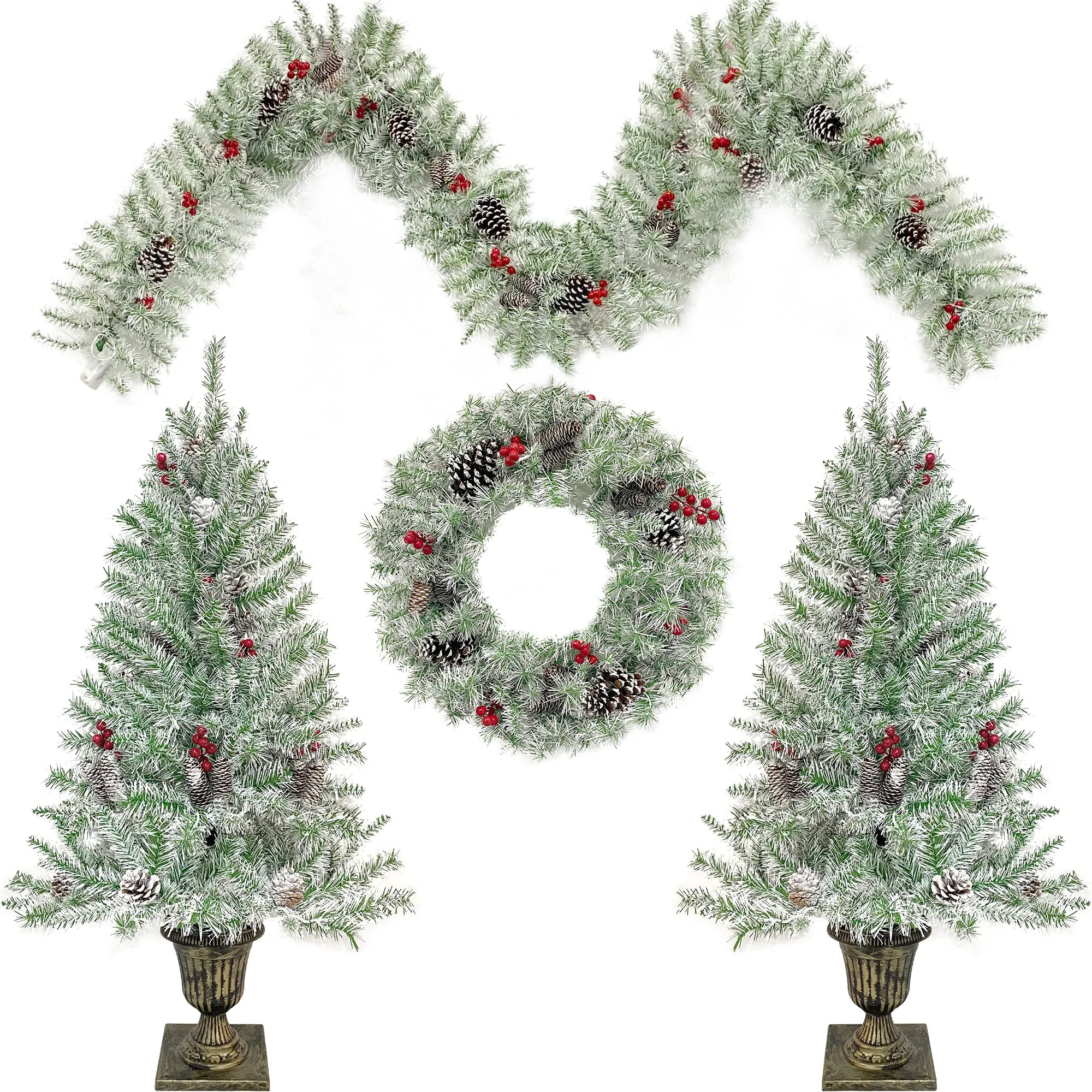 GARVEE Christmas Tree Wreath Garland Set with Lighted, Pre-Lit Led Lights Holiday Christmas 4-Piece Set | Garland, Wreath and Set of 2 Entrance Trees for Door Fireplace Stair