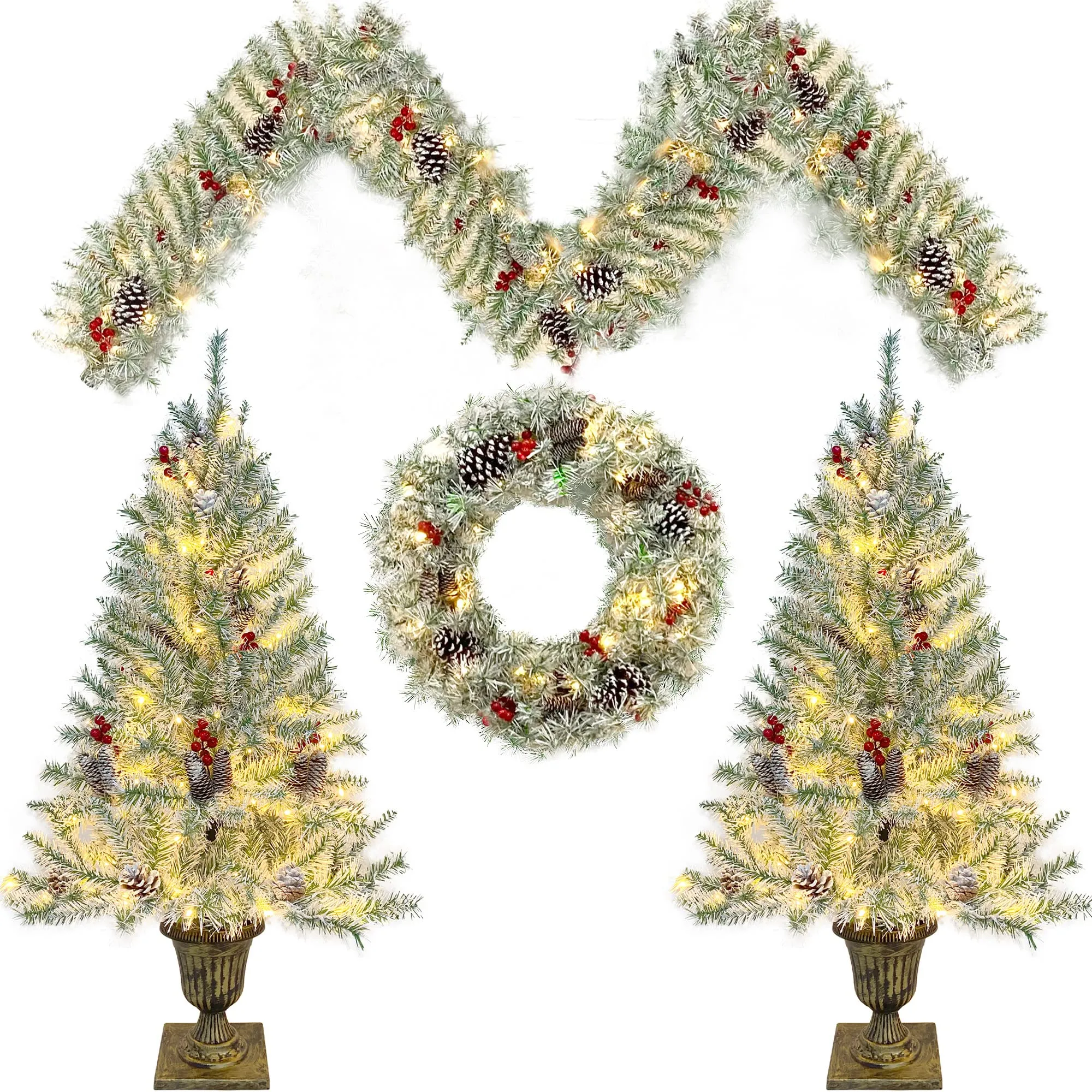 GARVEE Christmas Tree Wreath Garland Set with Lighted, Pre-Lit Led Lights Holiday Christmas 4-Piece Set | Garland, Wreath and Set of 2 Entrance Trees for Door Fireplace Stair