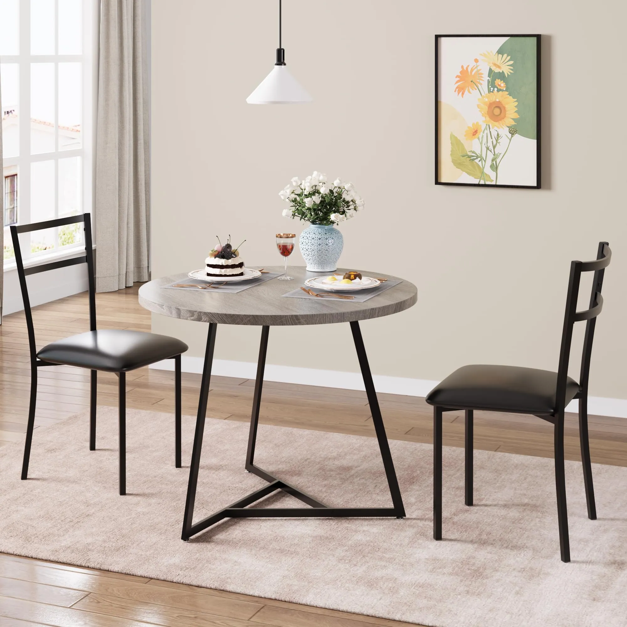 GARVEE Dining Table Set with 2 Upholstered Chairs, Round Table, MDF Board, Solid Steel Frame, Compact for Small Spaces - Rustic Gray